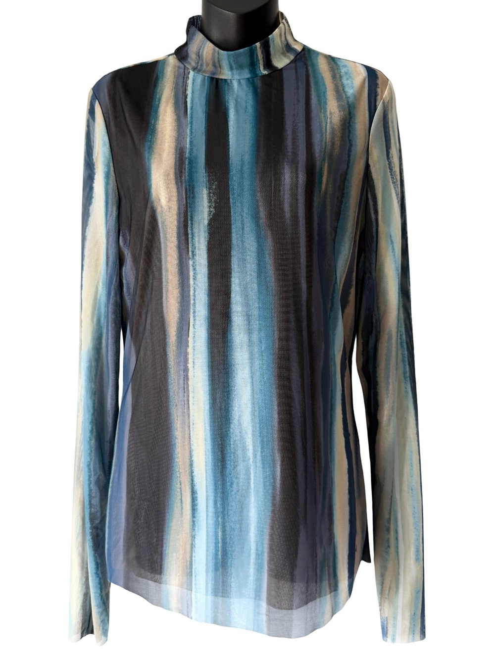 Elan Blue Oslo Watercolor Sheer Mesh Mock Neck Long Sleeve Top Womens Large